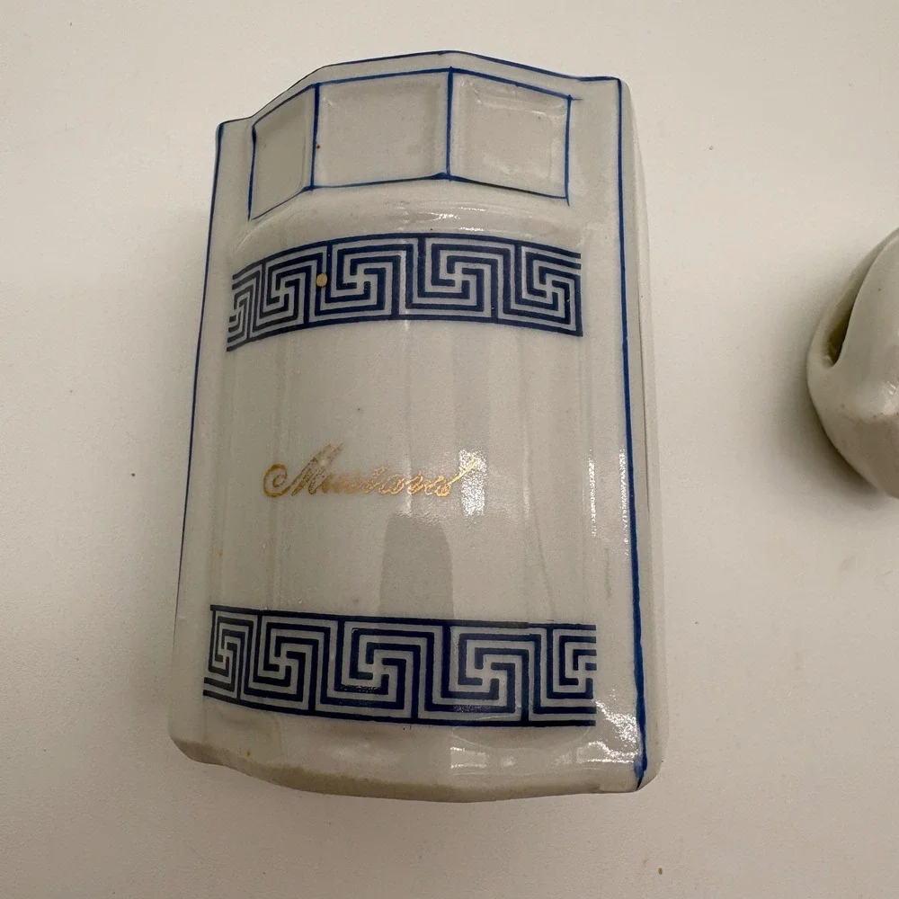Antique German Porcelain Mustard Pot Greek Key Blue White Lidded Jar Spice